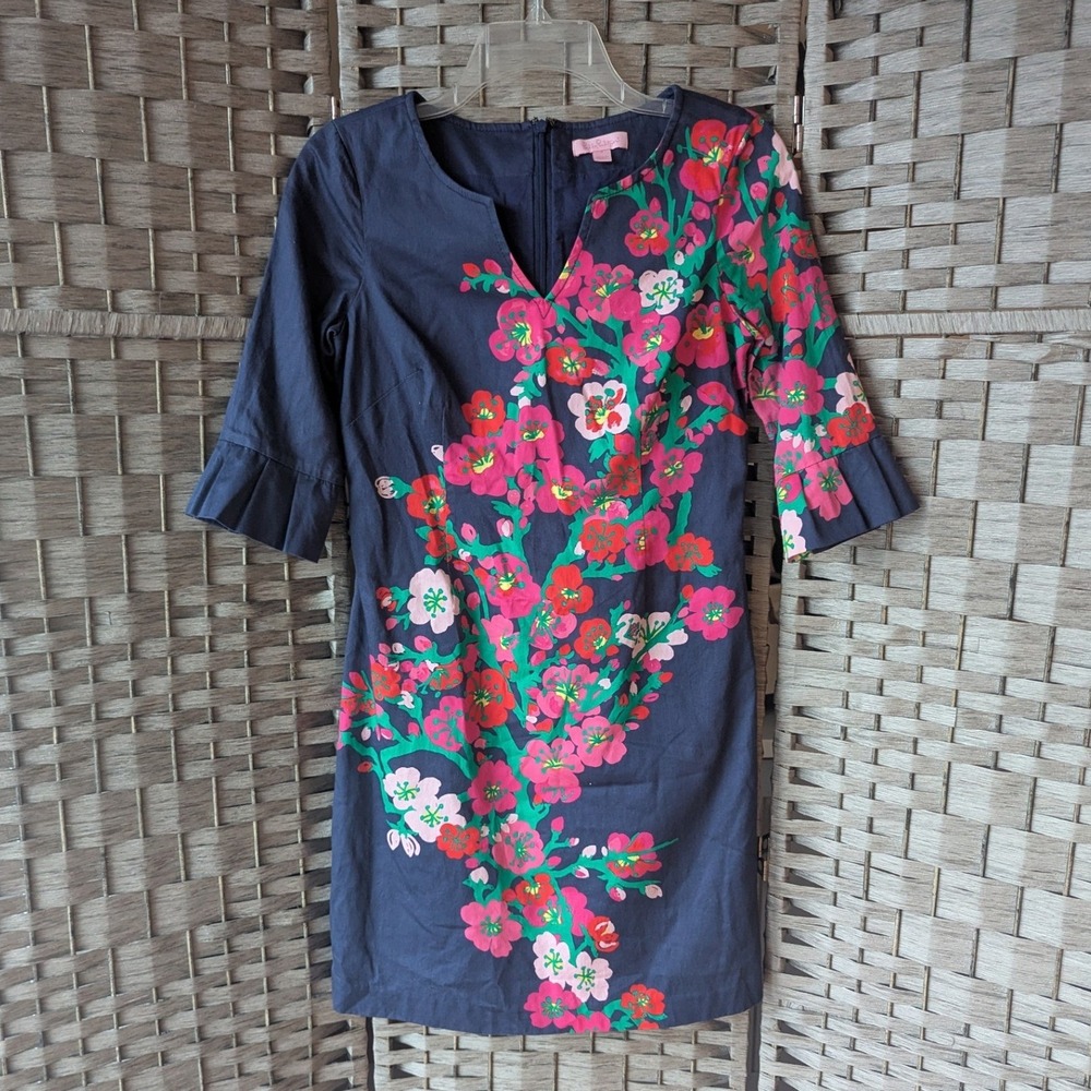 Lilly Pulitzer Shift Dress Navy‎ Floral Ruffle Sleeve Preppy Classic Colorful